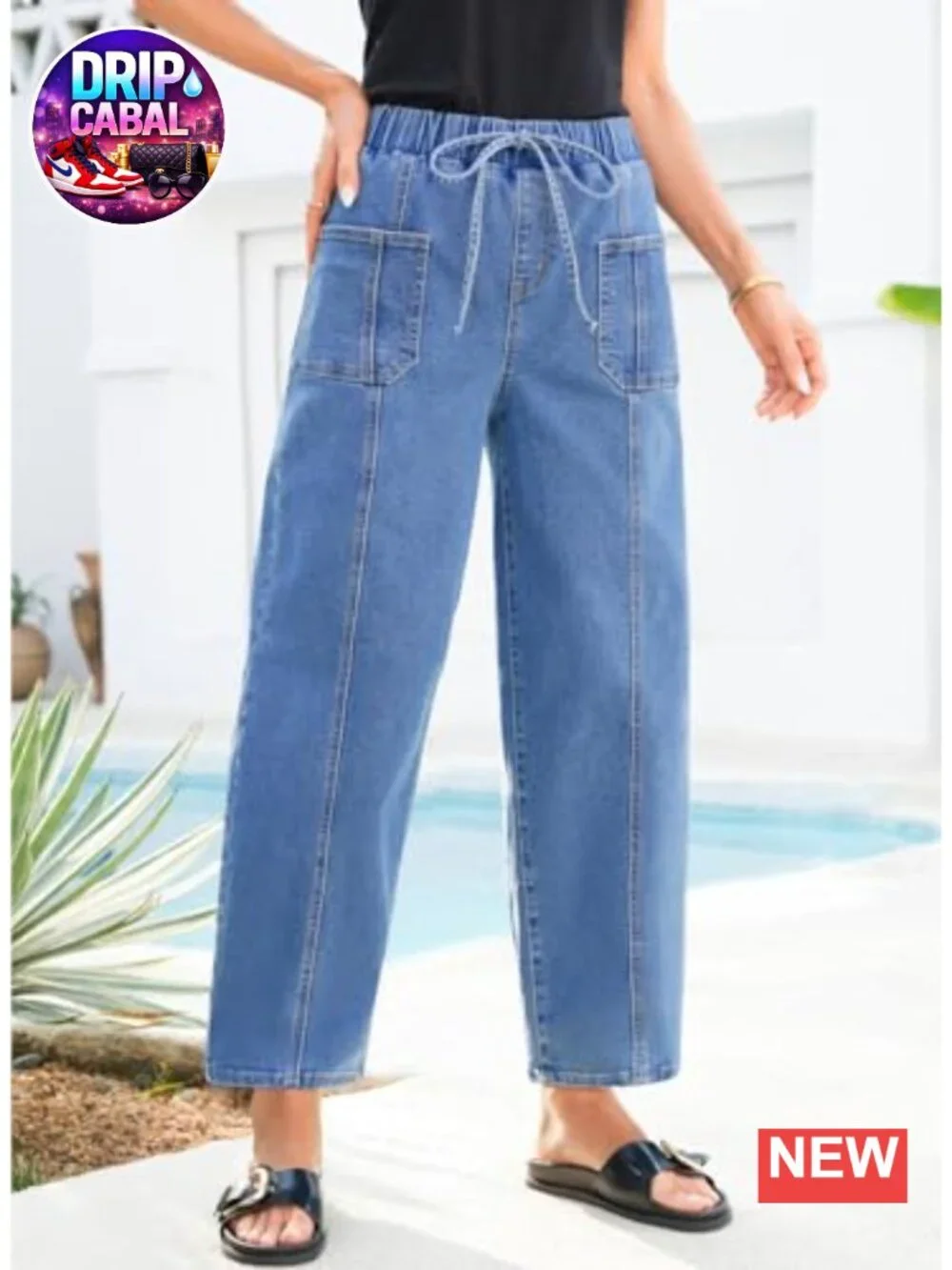 Women's Barrel Jeans Drawstring Baggy High Rise Ankle Denim Pants